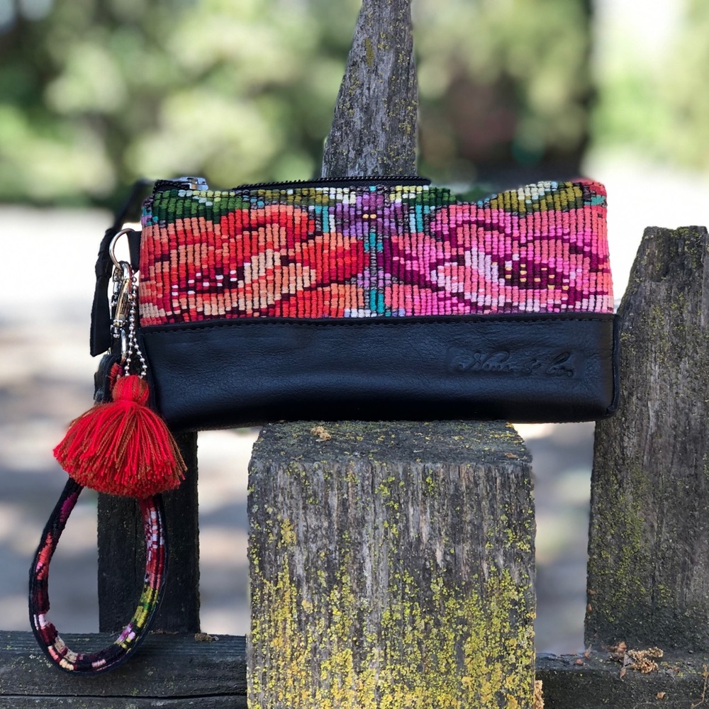 Nena & Co. Little Boss Clutch OOAK Huipil Floral Black Clutch with Red Tassel